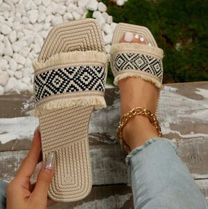Women Braided Design Raw Trim Slide Sandals, Vacation Summer Flat Sandals